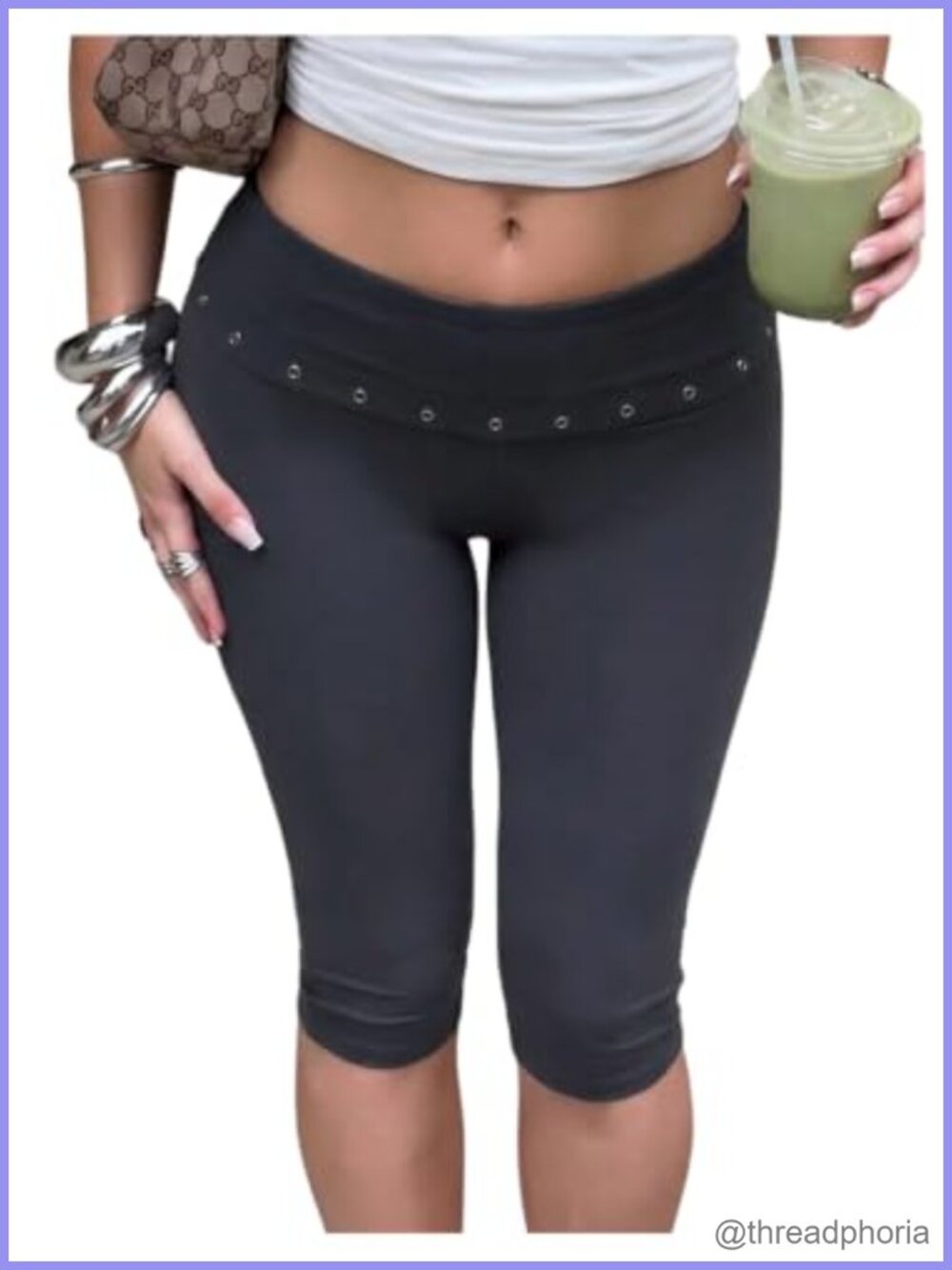 Foldover Capri Pants Eyelet Mid Rise Cropped Yoga Workout